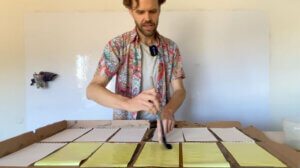 The cyanotype solution is carefully brushed onto the paper.
