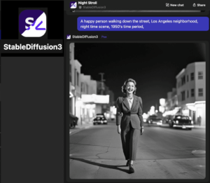 A Stable Diffusion 3 image showing a happy person walking down the street,, Los Angeles neighborhood, night time scene, 1950's time period.