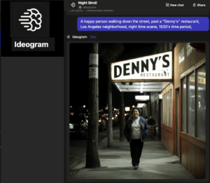 An Ideogram image showing a happy person walking down the street, past a "Denny's" restaurant, Los Angeles neighborhood, night time scene, 1980's time period.