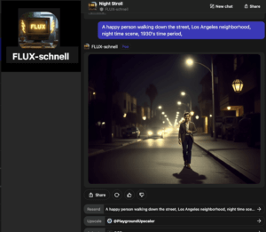 A FLUX Schnell image showing a happy person walking down the street,, Los Angeles neighborhood, night time scene, 1950's time period.