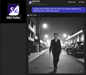 A Stable Diffusion 3 Turbo image showing a happy person walking down the street,, Los Angeles neighborhood, night time scene, 1930's time period.