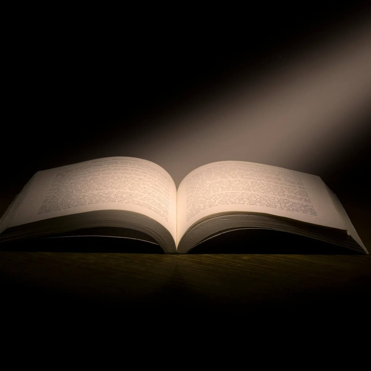 An open book illuminated by a beam of light in a dark room, evoking focused solitude and deep thought