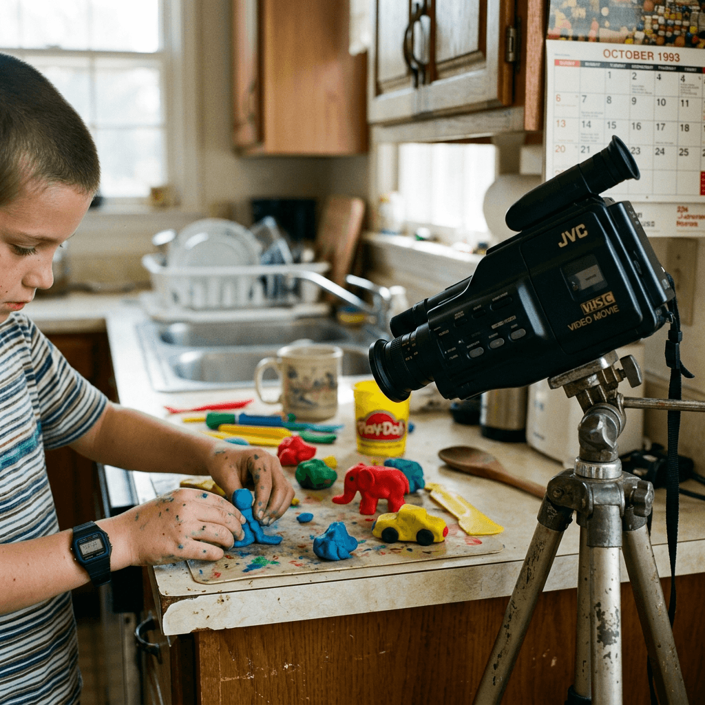 A realistic 1990s photograph of a 9-year-old boy's hands shaping basic, colorful clay blobs on a kitchen counter. A bulky 1993 JVC VHS-C video camcorder is mounted on a tripod, pointing directly at the clay shapes.