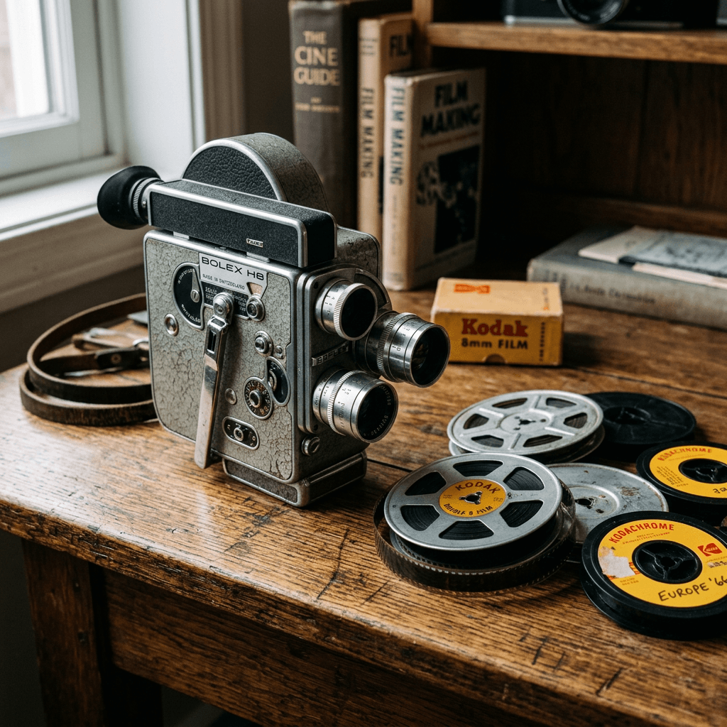 A realistic photograph of a heavy, metallic Bolex H8 8mm film camera sitting on a wooden table. Several open 8mm film reels are resting next to the camera.