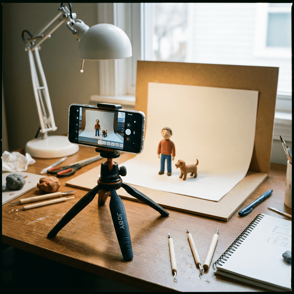 A realistic photograph of a modern smartphone mounted on a small tripod, pointing at simple clay figures on a desk, demonstrating a modern and accessible animation setup.